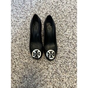 Tory Burch Shoes Sally Open Toe Logo Black Silver Sz8.5 Leather Great Condition
